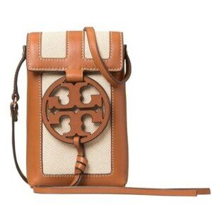 Tory Burch Tan & Cream Leather-Trim Canvas Crossbody Phone Pouch